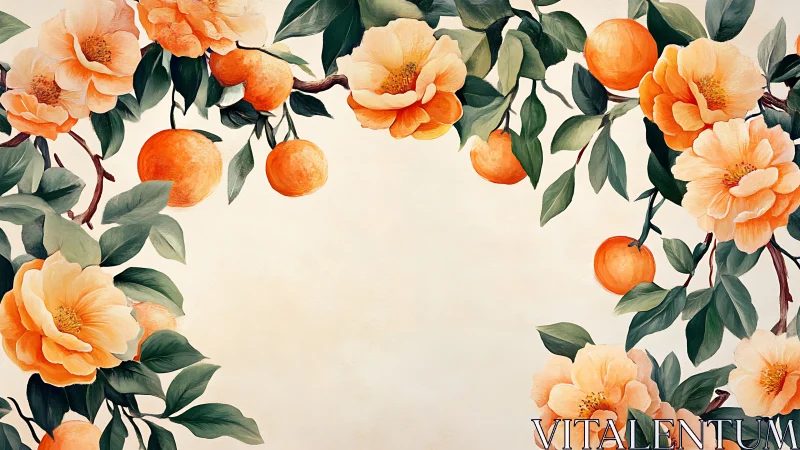 Botanical Border with Orange Roses and Citrus Fruits