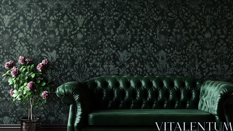 Emerald tufted sofa against dark botanical damask wall.