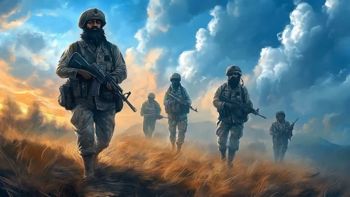 Stormbound patrol under ember clouds of the high plains.