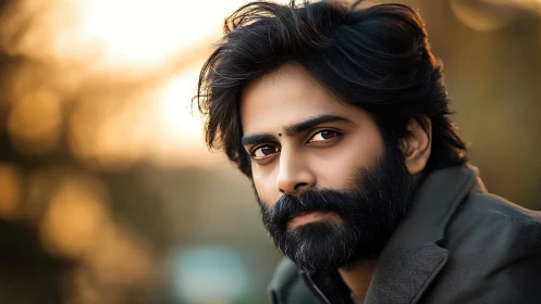 Bearded man in outdoor portrait with warm sunset light.