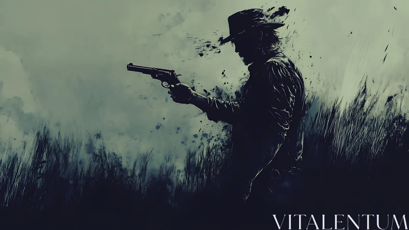 Silhouetted gunslinger aims revolver in windswept grassland