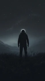 Lone stargazing astronaut crowned by a silent cosmic halo.