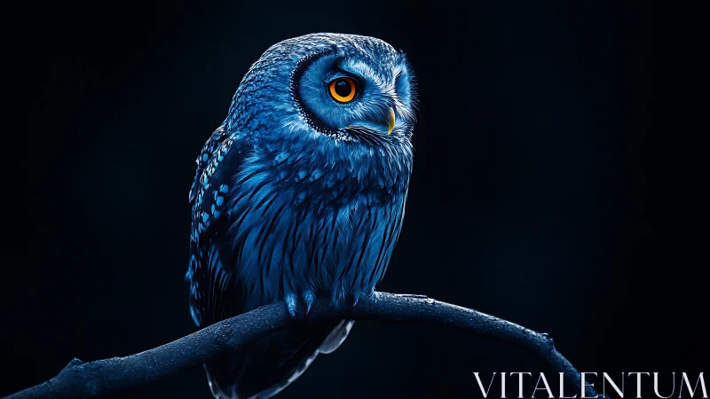 Majestic blue owl perched on branch in dramatic low light.