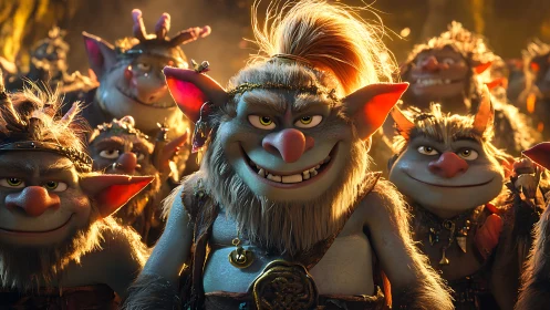 Group of stylized troll characters in warm cavern light.