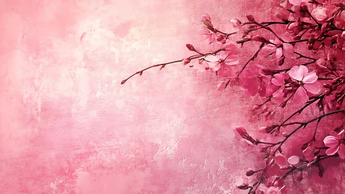 Pink flowering branches rendered with textured oil paint technique