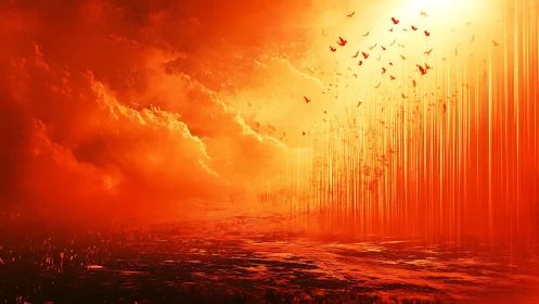 Radiant sky of rising birds and glowing golden horizon.