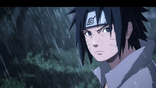 Rain-soaked ninja locks eyes with an unseen storm ahead