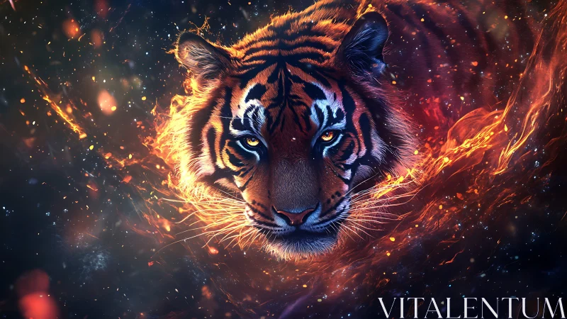 Tiger head surrounded by abstract fiery light effects.