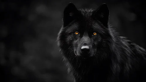 Midnight wolf gaze ignites amber embers in shadowed wilds.