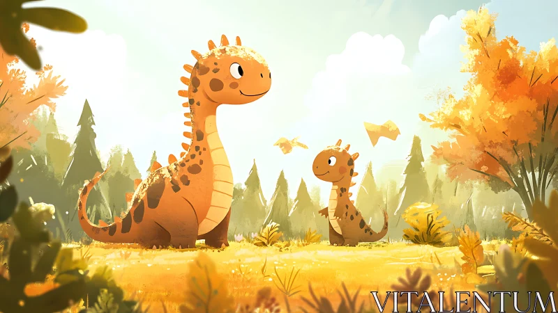 Two cartoon dinosaurs stand in a bright autumn forest clearing