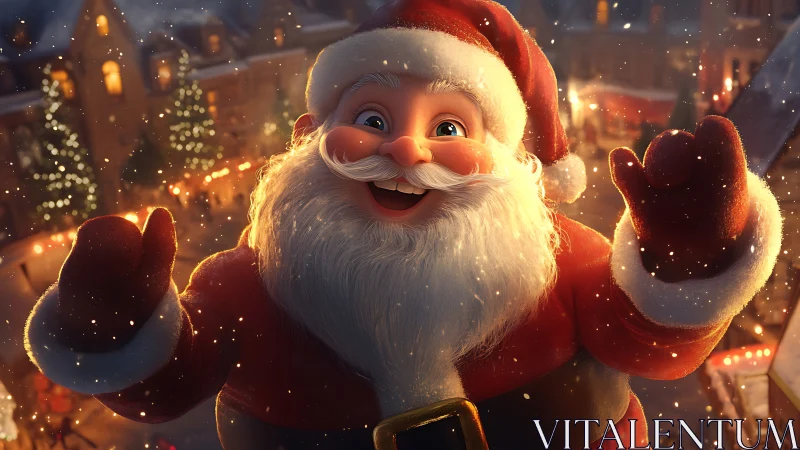 Jolly Santa leans close amid twinkling village snowglow.