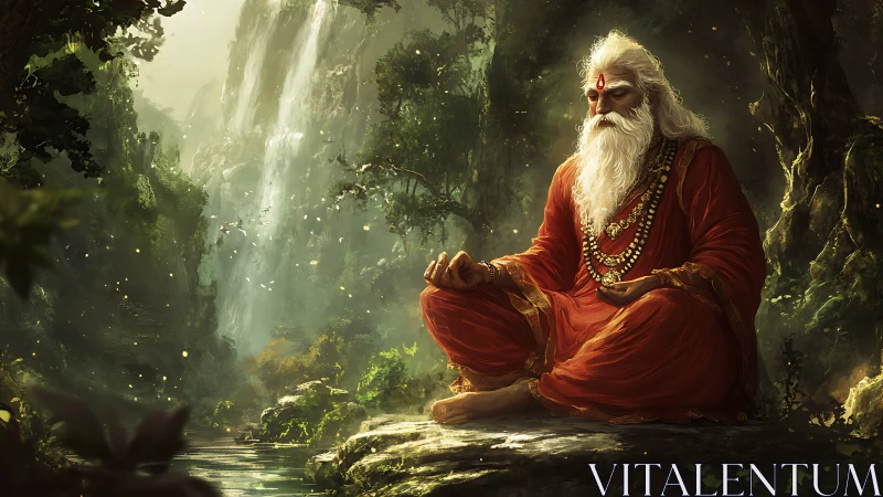 Forest sage in radiant stillness beside a hidden waterfall.