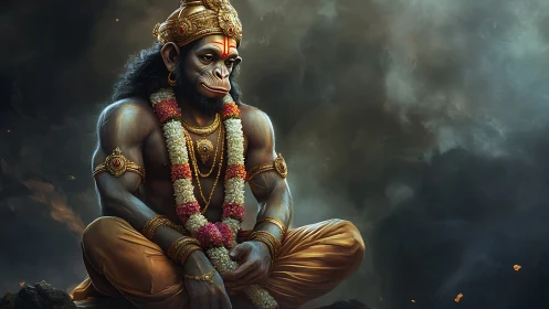 Serene monkey deity in golden robes and drifting incense clouds.