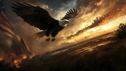 Soaring eagle crosses a burning horizon under stormy skies