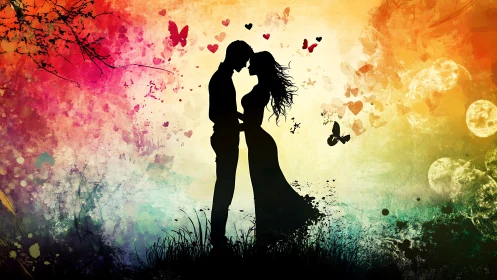 Silhouetted couple kissing in vibrant watercolor landscape.