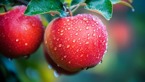 Dew kissed red apples glowing softly on a fresh green branch.