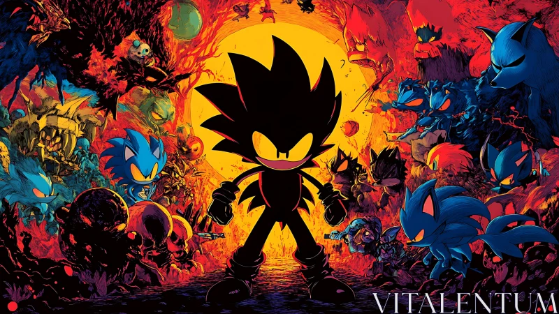 Shadowy hedgehog overlord amid blazing multiverse chaos.