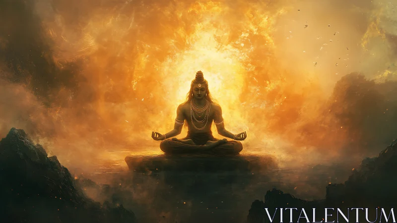 Seated meditative figure is centered before intense luminous vortex