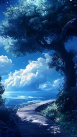 Digital painting seafront boardwalk under luminous blue canopy.
