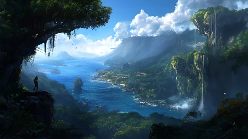 Elevated viewpoint overlooking archipelago with waterfall cascade formation.