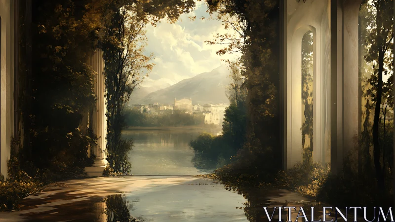 Architectural colonnade frames distant lake and mountains