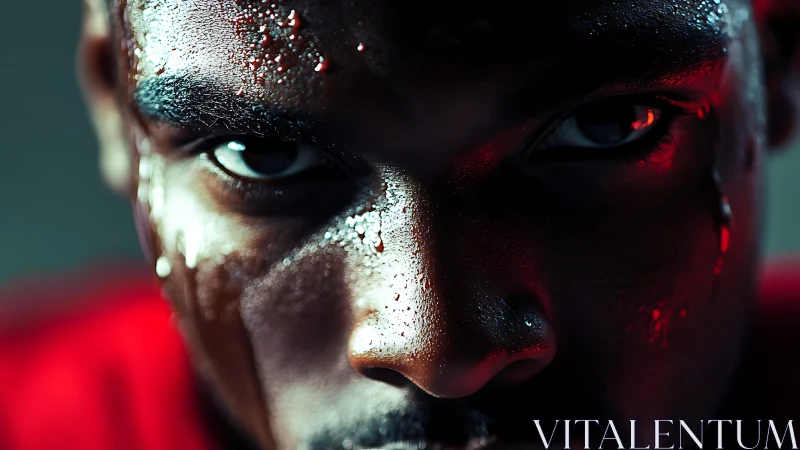Intense athlete&rsquo;s face glows with sweat under dramatic light