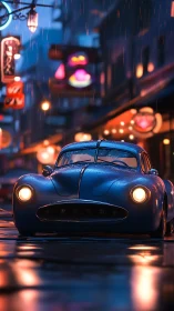 Rain-slicked retro coupe cruising neon-soaked midnight streets.