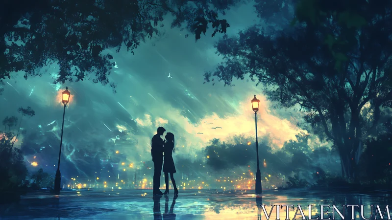 Two lovers embrace under glowing street lamps in enchanted rain.