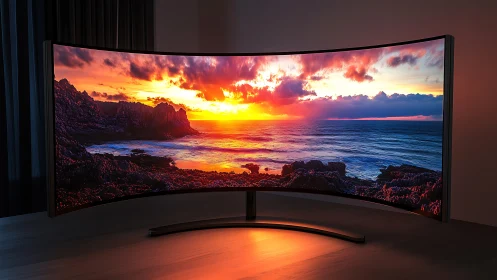Curved ultrawide monitor displays vivid ocean sunset scene.