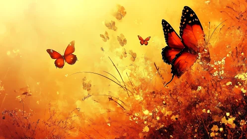 Glowing orange butterflies drift gently through golden meadow light