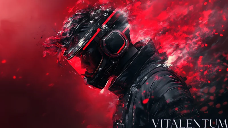 Cybernetic pilot in red kinetic vapor trail profile portrait.