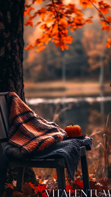 Cozy plaid blanket and pumpkin warm quiet autumn lakeside