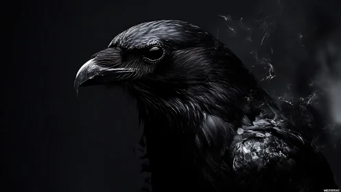 Ebony raven portrait glows through shadowed negative space.