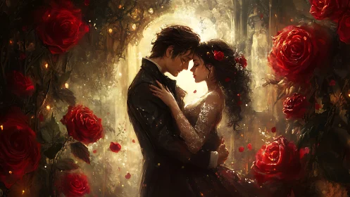 Romantic Couple Embracing Among Luminous Red Roses.
