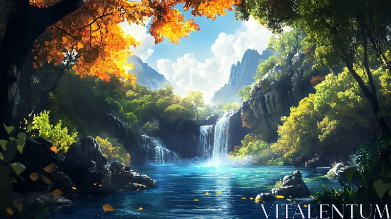 Sunlit forest waterfall offering a calm, hidden escape.
