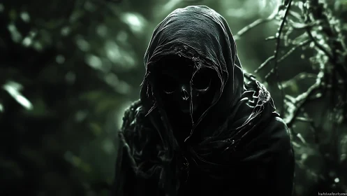 Forest wraith leans from the shadows, stitched in moonless green