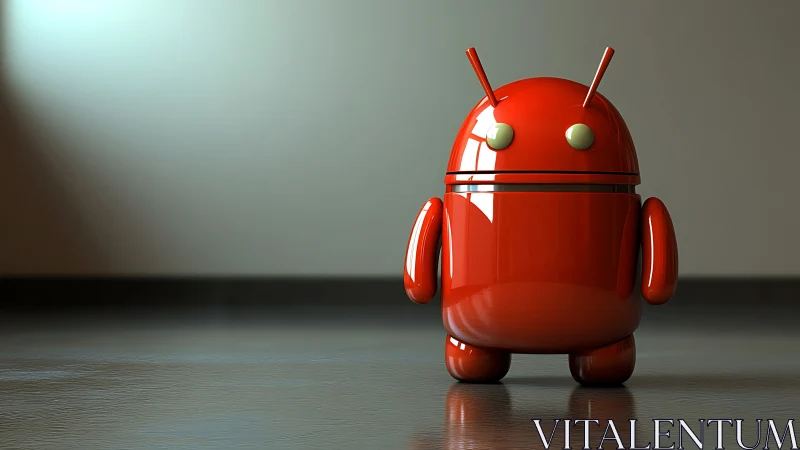 Glossy red android mascot render on reflective studio floor