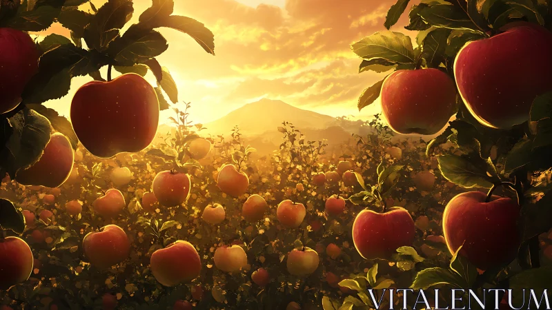 Golden-hour volumetric lighting over dense apple orchard field.