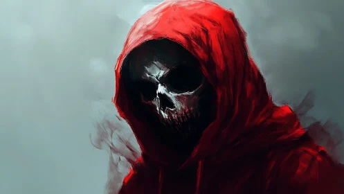 Digital painting of hooded skull figure with red draped cloak.