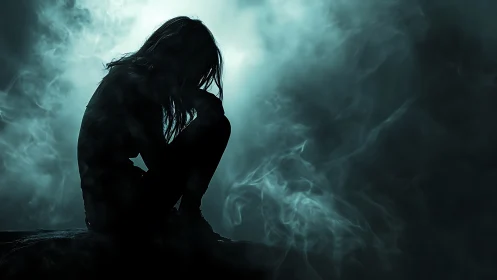 Low-key silhouette portrait in atmospheric teal smoke field.