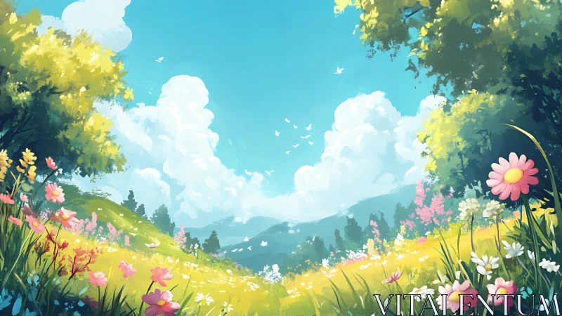 Sunlit wildflower meadow under bright blue summer skies.