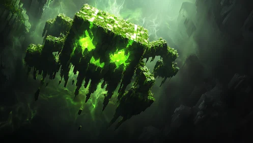 Glowing green phantom cube drifts through a misty abyss