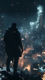 Lone rain-soaked sentinel above a burning neon city night.