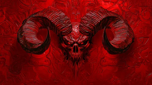 Crimson horned skull erupts from molten demonic textures.