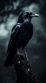 Storm-watched raven broods on a rain-soaked midnight perch.