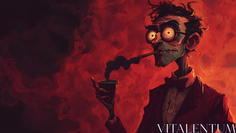 Gaunt smoker in red haze contemplates his burning cup.