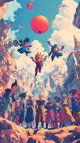 Anime warriors gathered in rocky canyon with floating orbs.