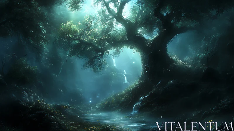 Mystical Underground Cavern with Luminous Water and Ancient Trees