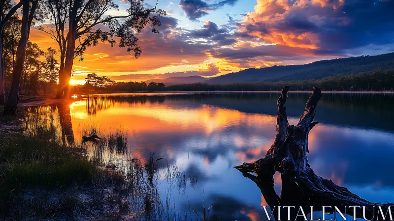 Sunset paints the still lake while a lone driftwood keeps watch