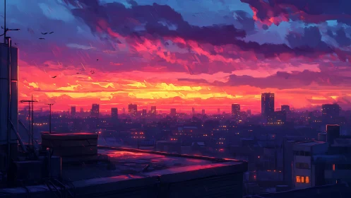 City rooftop skyline under radiant neon sunset glow.